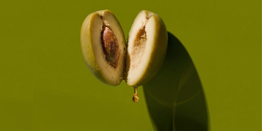 Oliva acerba aperta a meta con una goccia di olio